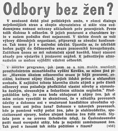 Odbory bez žen?; Plamen míru. Týdeník Nové hutě KG, 18. I. 1990