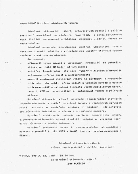 Prohlášení Sdružení stávkových výborů; Všeodborový archiv ČMKOS