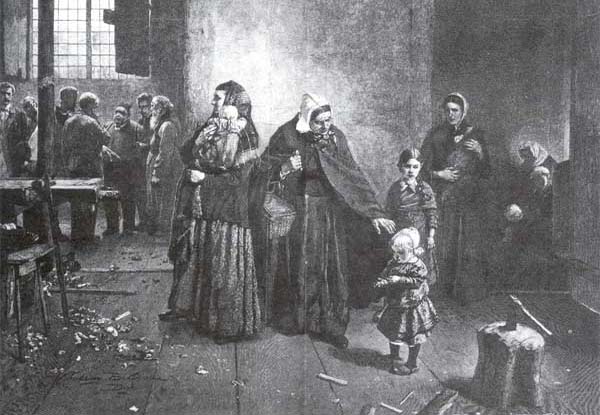 Dělnická stávka, dřevoryt podle obrazu Christiana Ludwiga Bokelmanna, 2. polovina 19. století.
